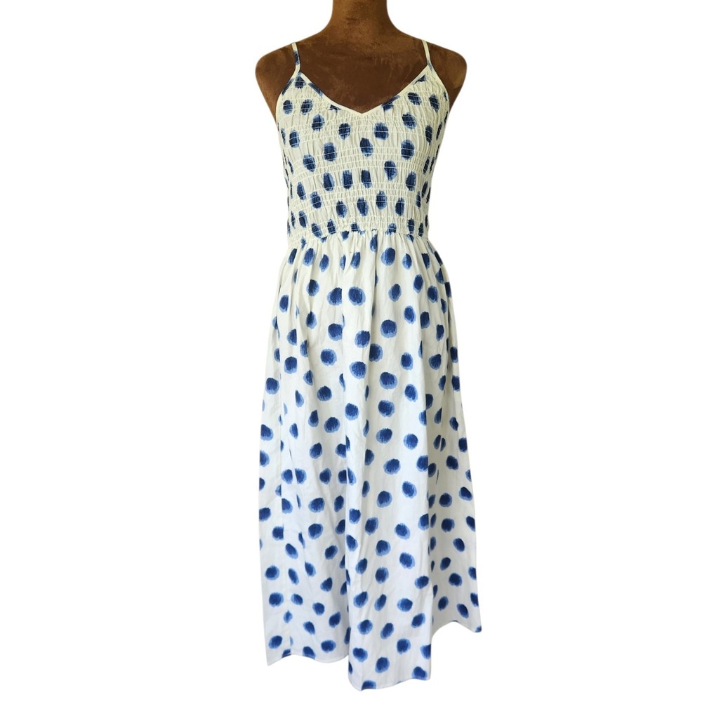 H&M Dress Size XS Midi Polka Dot 100% Cotton Blue White Smocked Sundress